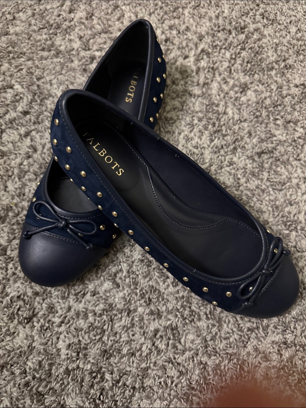 Talbots Navy Bow Flats with Gold Stud Accents